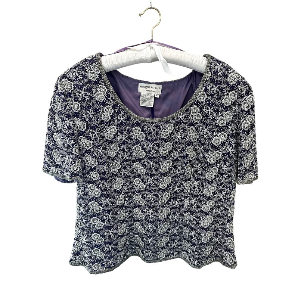 ADRIANNA PAPELL | Purple Silk Beaded Top 90s Vintage Occasion Wear | Size 14